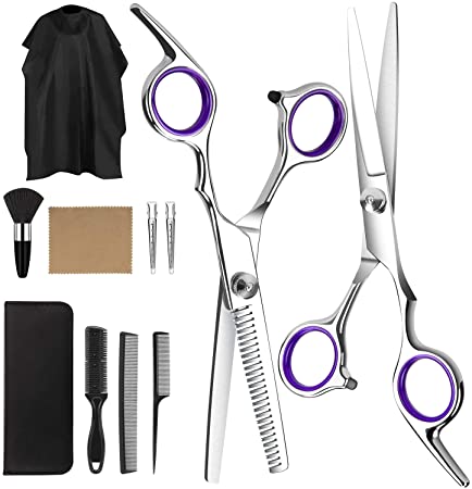 AiBast Hair Scissors Professional kit, 11 Pcs Scissors Hair Cutting Haircut Scissors set- Barber Shears with Thinning Scissors, Cape, Clips fit Women, Men