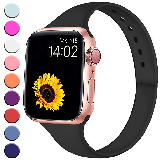 R-fun Slim Bands Compatible with Apple Watch Band 40mm Series 4 38mm Series 3/2/1, Soft Silicone Sport Strap Wristband for Women Men Kids with iWatch, Black