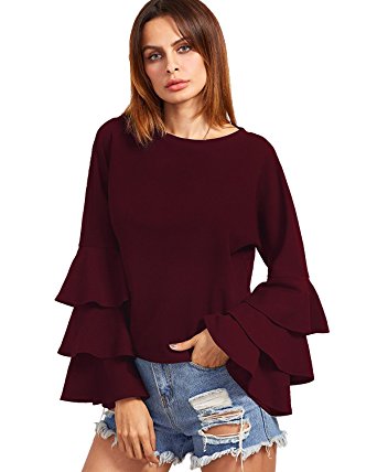 ZANZEA Women's Polka Dot Layered Ruffle Long Sleeve Crew Neck Elegant Tee Top Blouse