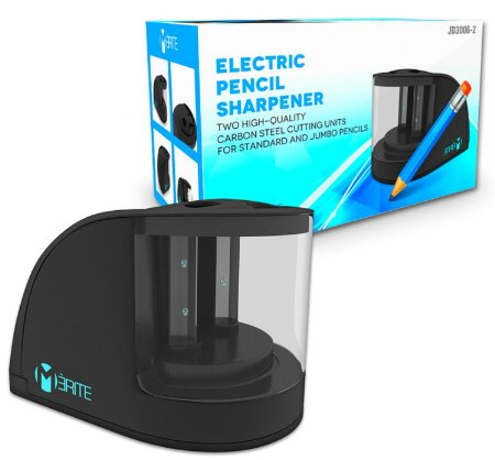 Premium Electric Mechanical Pencil Sharpener with 10X Powerful Tungsten Steel Blades by Mérite - 2 different Size Holes - Battery / Electric Operated - Includes Cable & Adaptor
