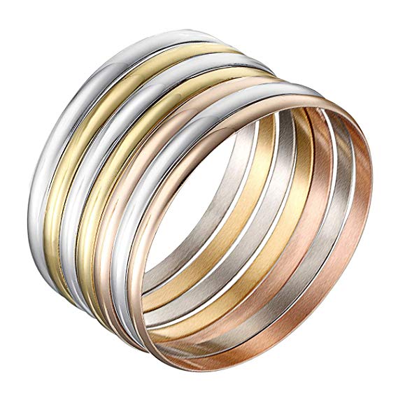 Castillna Set of 7 Tri-Color Silver/Gold/Rose Gold Stainless Steel Bangle Bracelet