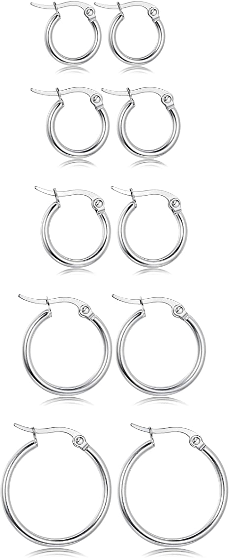 Besteel 5-10 Pairs Stainless Steel Small Hoop Earrings Clasp Gold Tone Silver Tone Hoop Rounded Earrings Set for Women Men Nickel Free