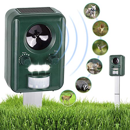 Ultrasonic Animal Repeller - Solar Powered - Outdoor Pest Repellent Deterrent - Repel Cats Squirrels Deer Birds and More- 110 Degree Activated Motion PIR Sensor- Waterproof- Wall Mount or Ground Stake
