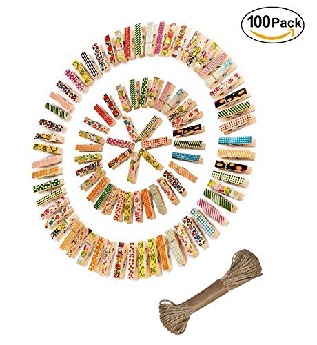 Magnolian 100Pcs Colored Natural Mini Wooden Clothespins Photo Paper Peg Pin Craft Clips Bundle with 66 Feet Jute Twine
