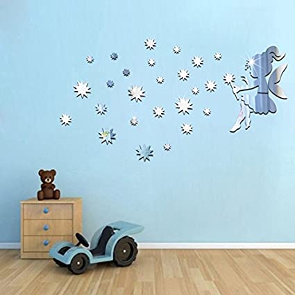 Cartoon Home Decor Fairy Blowing Stars Wall Decal Fashion DIY Removable Mirror Wall Stickers for Girls Boys Bedroom Nursery Wall Beauty Adds (Silver)