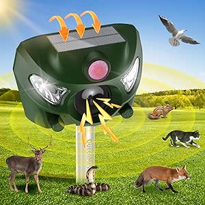 Solar Powered Animal Deterent, Ultrasonic Animal Control Device with Motion Sensor and FIashing Light, Waterproof Outdoor Animal Repellent for Deer Squirrel Raccoon Cat Bobcats, Frequency 18kHZ