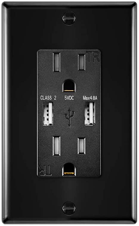 ANTEER 4.8A USB Wall Outlet Fast Charge - Dual High-Speed Charger Electrical Outlets - ETL Listed Duplex 15A Tamper Resistant Socket USB Outlets Receptacle - Wall Plate Included (Black,1-Pack)