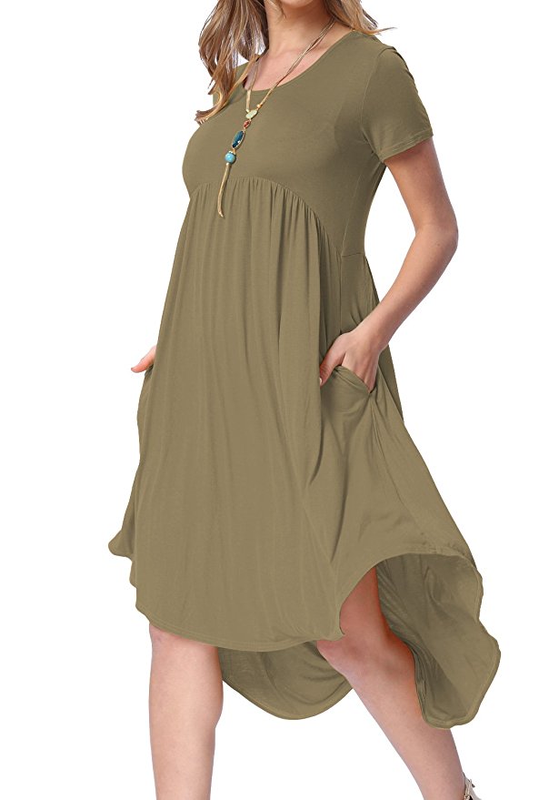 Levaca Womens Summer Short Sleeve High Low Pleated Swing Loose Casual Midi Dress