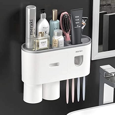 Automatic Toothpaste Dispenser with Toothbrush Holder, Multifunctional Toothbrush Holder Set Wall Mounted with 4 Toothbrush Slots,2 Cups, Drawers Cosmetic Organizer for Bathroom and Washroom.