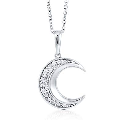BERRICLE Rhodium Plated Sterling Silver Cubic Zirconia CZ Crescent Moon Fashion Pendant Necklace