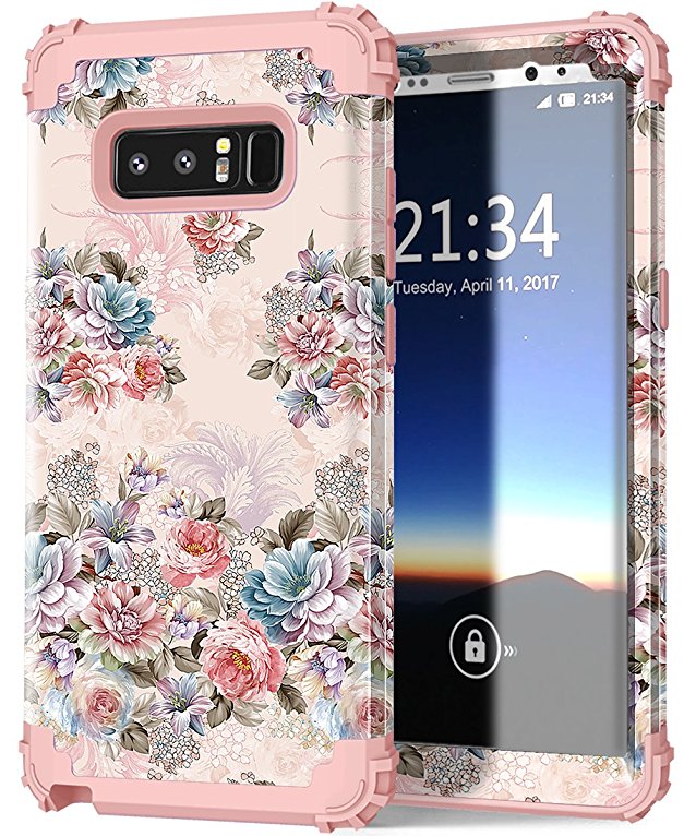 Hocase Galaxy Note 8 Case, Shockproof Anti-Scratch Hybrid Silicone Rubber Bumper Hard Shell Protective Case Cover with Lovely Peony Floral Print for Samsung Galaxy Note 8 (2017) - Rose Gold Pink