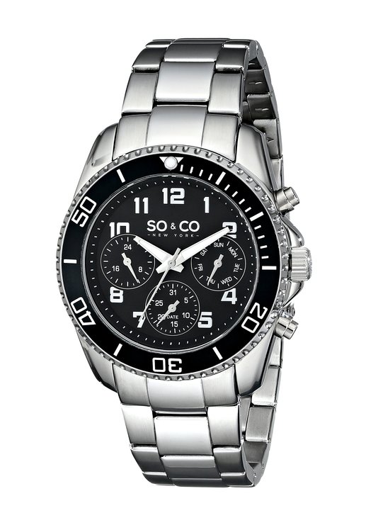 SO&CO New York Men's 5029.1 Yacht Club Black Unidirectional Bezel GMT Day and Date Stainless Steel Link Bracelet Watch