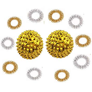 Winterworm 1 Pair Gold Metal Magnetic Hand Palm Acupuncture Ball Needle Massage Handball And 10 Gold Silver Finger Massage Rings Good For Health Blood Circulation Relief Pressure
