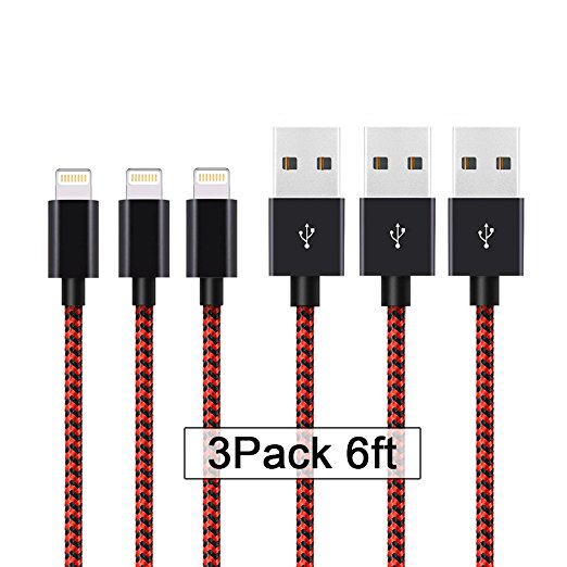 AOFU iPhone Cable,3Pcs 6FT Nylon Braided Lightning Chager to Cable Data Syncing Cord Compatible with iPhone 7/7 Plus/6S/6S Plus,SE/5S/5,iPad,iPod Nano 7(Black Red)