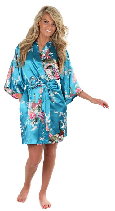VEAMI Women's Kimono Robe, Peacock Design, Short