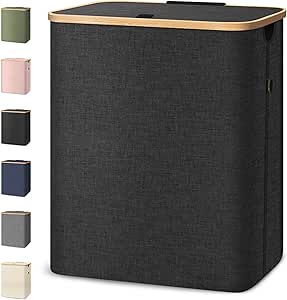 BALEINE Laundry Hamper with Lid, Tall Laundry Baskets with Bamboo Pull Handles, Large Laundry Bin with Internal Support (40 Gallon, Black)