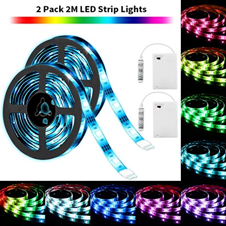 SOLMORE LED Strip Lights Battery Operated 2m/6.6ft 5050 SMD 60LEDs Color Changing RGB LED Light Strip Flexible LED Strip Kit Waterproof Strip Lighting for Home Bedroom DIY Party Indoor Outdoor (2Pcs)