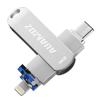 IOS Flash Drive 64GB USB 3.0 Memory Stick with USB 3.1 Type C,AUAMOZ Flash Drive Type C Ready for iPhone Android PC and New MacBook(Silver)