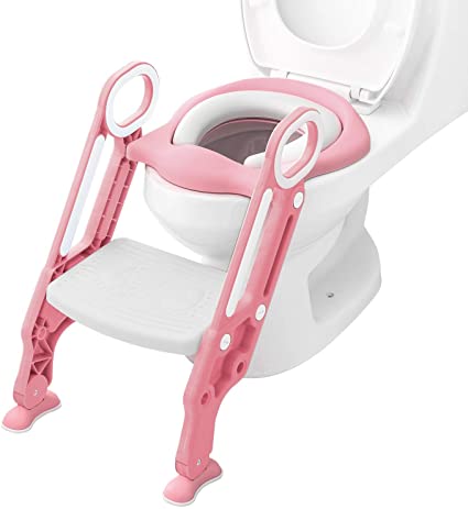BAMNY Potty Training Toilet Seat Adjustable Toddler Anti-Slip, Sturdy(up to 75kg), Foldable with Step Stool Ladder for Toilets 38-42cm, suitable for 1-7 Kids (Pink)