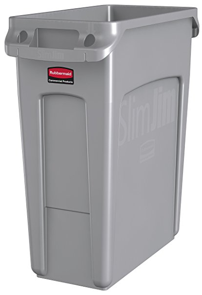 Rubbermaid Commercial Vented Slim Jim Trash Can Waste Receptacle, 16 Gallon, Gray, Plastic, 1971258