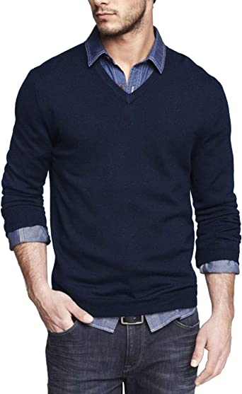 JINIDU Men's V Neck Knit Dress Sweater Casual Long Sleeve Slim Fit Pullover Top