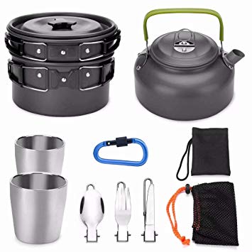 Odoland Camping Cooker Pan Set Aluminum Camping Cookware Kit for 2 People, Portable Outdoor Pot Pan Stove Kettle 2 Cups and Tableware - Backpacking Cookware for Picnic Trekking and Hiking