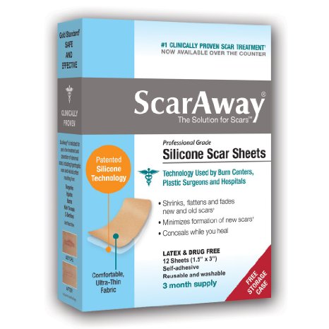 ScarAway Professional Grade Silicone Scar Treatment Sheets - Full Dr Recommended 12 Week Supply 12 Multi-Use Patches with Free Storage Case Included