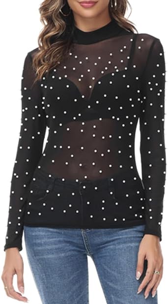 Kate Kasin Women's Basic Long Sleeves Mesh Sheer Top