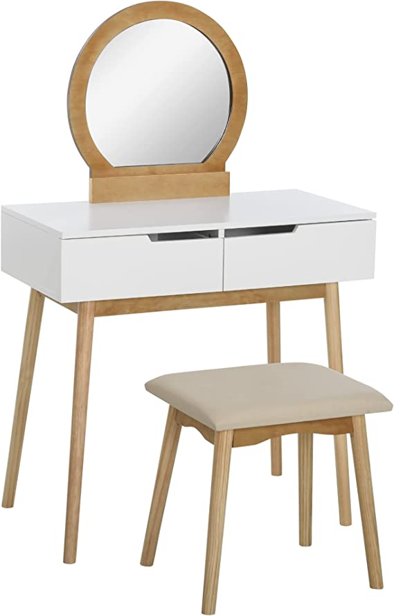 HOMCOM Coiffeuse Design scandinave Table de Maquillage avec Miroir, 2 tiroirs et Tabouret Blanc pin Clair