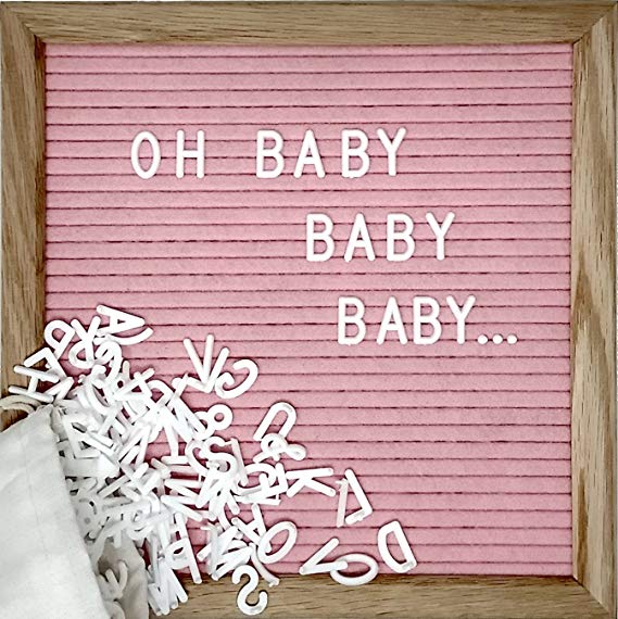 Pink Changeable Letter Board Set With 10 x 10 inch American Oak Frame, Pink Felt, 360 Precut Letters and Emojis, Wall Hook and Bag - Perfect Message Sign For Girl Baby Shower Decorations