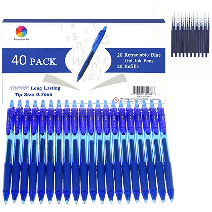 Smart Color Art 40 Pack Blue Gel Pens, Retractable Medium Point Gel Ink Pens Smooth Writing for School Office Home, Comfort Grip(20 Pens with 20 Refills)