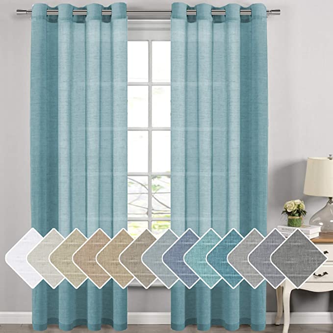 H.VERSAILTEX Natural Linen Sheer Curtains for Living Room/Dining Room, Extra Long Curtains Made of Rich Linen Soft Material, Nickel Grommet Window Panel Drapes (Set of 2, 52 by 108 Inch, Turquoise)