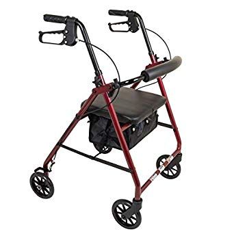 ProBasics Aluminum Rollator Walker with Seat - Rolling Walker with 6-inch Wheels - Foldable - Padded Seat and Backrest, Height Adjustable Handles, 300 Pound Weight Capacity, Burgundy