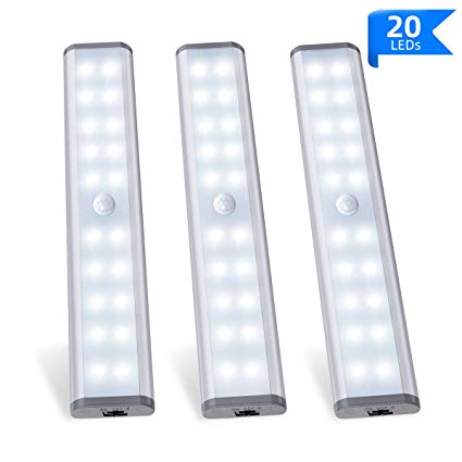 MOSTON Rechargeable Closet Light 20LED, Homelife Motion Sensor LED Lights Under Cabinet Stick on Anywhere with Built-in Magnetic 3 Pack