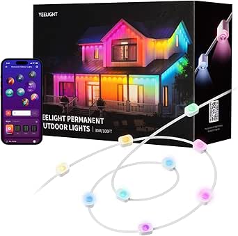 YEELIGHT Smart Outdoor Permanent String Light, 100 Ft, 20  Lighting Effect, RGBIC LED, Music Sync, APP Control for DIY, IP67 Waterproof, lighting decoration for Eaves/Halloween/Christmas/Party/Holiday