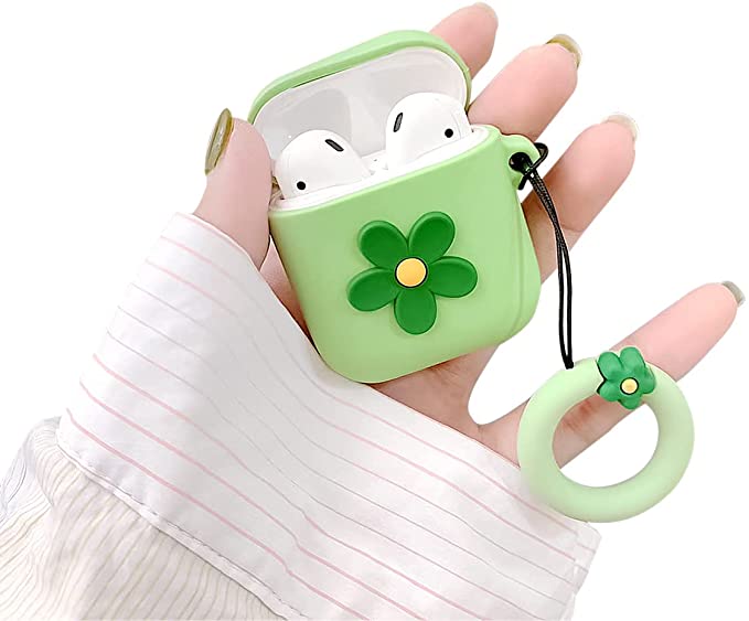 Ownest Compatible with AirPods Case Cute Cartoon Flower Pattern Girls Woman Soft Silicone Shockproof Keychain Design Cover for Airpods 1 &2-Green