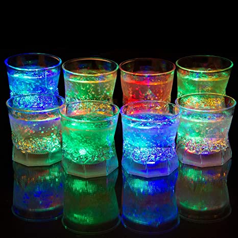 Liquid Activated Multicolor LED Old Fashioned Glasses ~ Fun Light Up Drinking Tumblers - 10 oz. - Set of 8