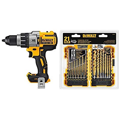 DEWALT DCD996B Bare Tool 20V MAX XR Lithium Ion Brushless 3-Speed Hammer Drill (Tool Only) with DEWALT DW1361 Titanium Pilot Point Drill Bit Set, 21-Piece