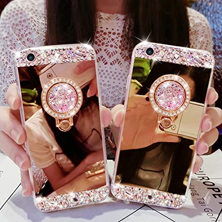 Rose Gold Case for iPhone 7 Plus/iPhone 8 Plus Case LAPOPNUT Luxury Crystal Rhinestone Soft Rubber Bumper Cover Bling Diamond Glitter Mirror Makeup Case with Ring Stand Holder