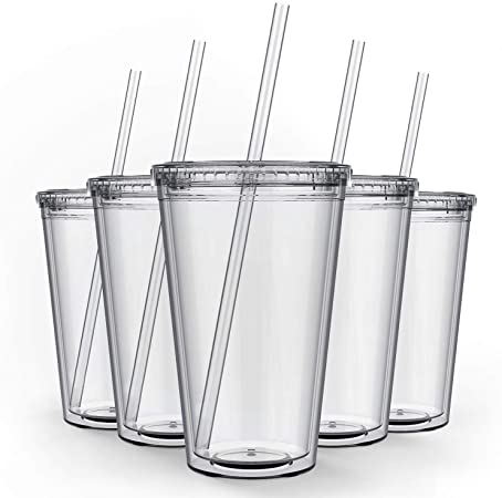 Maars Drinkware Bulk Double Wall Insulated Acrylic Tumblers with Straw and Lid (Set of 12), 16 oz, Clear