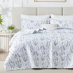 EXQ Home Quilt Set Full Queen Size Print 3 Piece,Lightweight Soft Coverlet Modern Style Lavender Pattern Bedspread Set(1 Quilt,2 Pillow Shams)