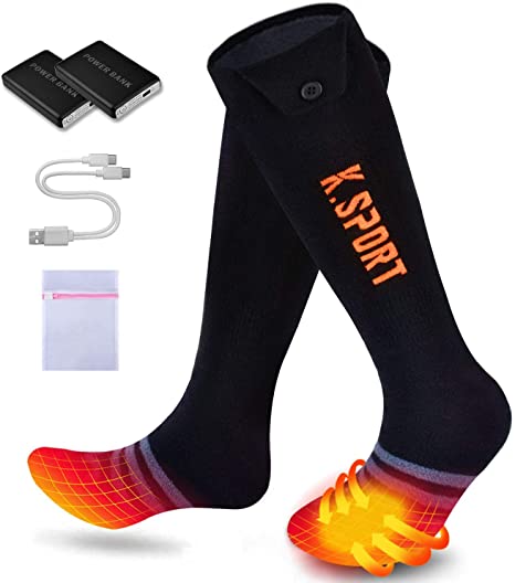 KirinSport Heated Socks, Electric Heating Socks for Men Women, Machine Washable, 5000mAh Rechargeable Electric Socks, Warm Cotton Socks Foot Warmer for Outdoor Skiing Hiking Cycling Hunting