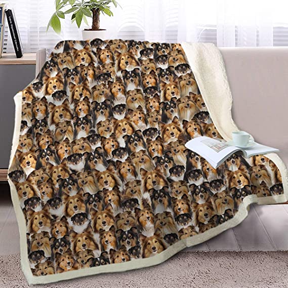 BlessLiving Fuzzy Dog Blanket for Kids Adults Puppy Lovey Fleece Blanket Reversible Animal Pattern Sherpa Throw (Shetland Sheepdog, 50 x 60 Inches)