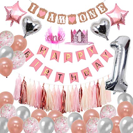WM 1st Birthday Decorations Rose Gold for Girls, Pink Happy Birthday Banner for Baby Girl 1st Birthday Party Set with Cake Topper Rose Gold Silver Pink White Confetti Latex Balloons Kit