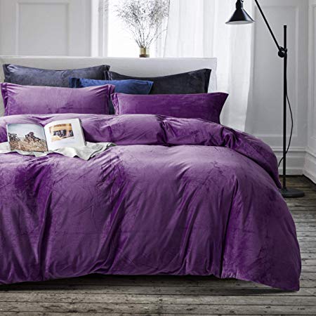 NTBAY Velvet Flannel Duvet Cover Set, 3 Pieces Zippered Comforter Cover Set, Queen, Purple