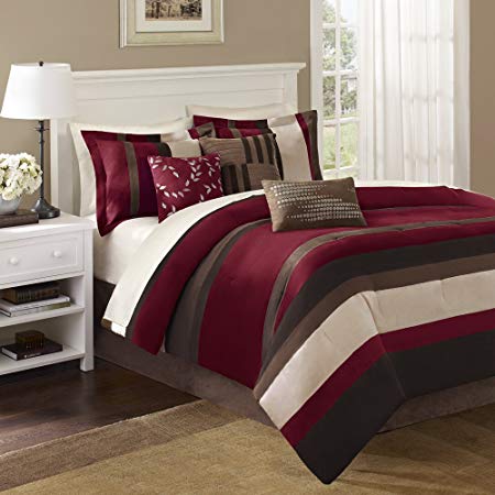Madison Park Boulder Stripe Queen Size Bed Comforter Set Bed In A Bag - Burgundy, Brown, Stripe – 7 Pieces Bedding Sets – Micro Suede Bedroom Comforters