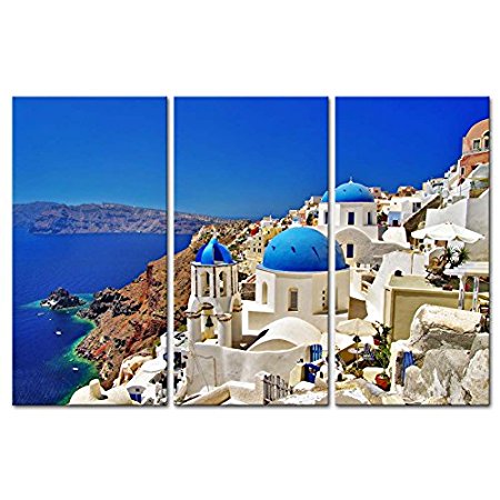Canvas Print Wall Art Painting For Home Decor Oia Town On Santorini Island Greece. Traditional And Famous White Houses And Churches With Blue Domes Over The Caldera Aegean Sea 3 Piece Panel Paintings Modern Giclee Stretched And Framed Artwork The Picture For Living Room Decoration Landscape Pictures Photo Prints On Canvas