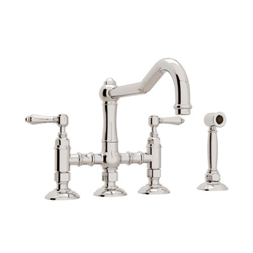 Rohl A1458LMWSPN-2 Country Kitchen Three Leg Bridge Faucet with Metal Levers Sidespray and 9-Inch Reach Column Spout, Polished Nickel