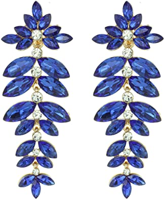 SP Sophia Collection Floral Leaf Drop Crystal Burst Clip-On Dangle Women's Fashion Statement Earrings