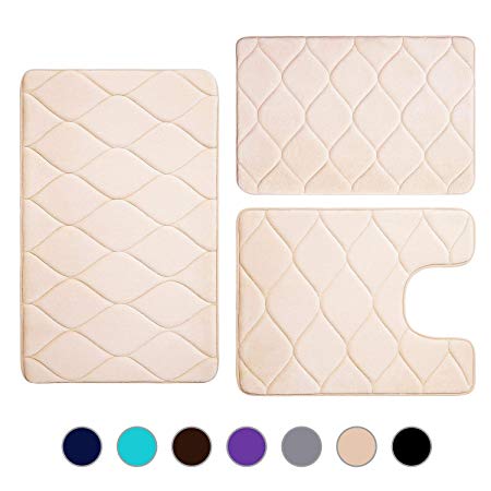 Colorxy Memory Foam Bathroom Rugs - Water Absorbent, Super Soft Non-Slip Bath Mat, Washable Ogee Design Bathroom Mat Set of 3, Small/Large/Contour, Beige